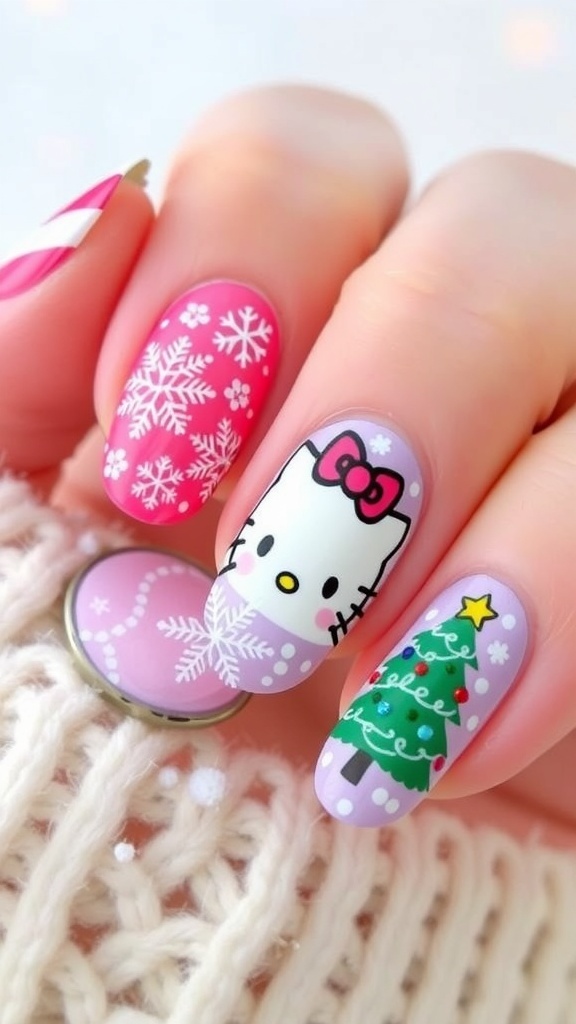 Hello Kitty Winter Christmas Nail Art Hello Kitty winter Christmas nail art with snowflakes and Christmas trees.